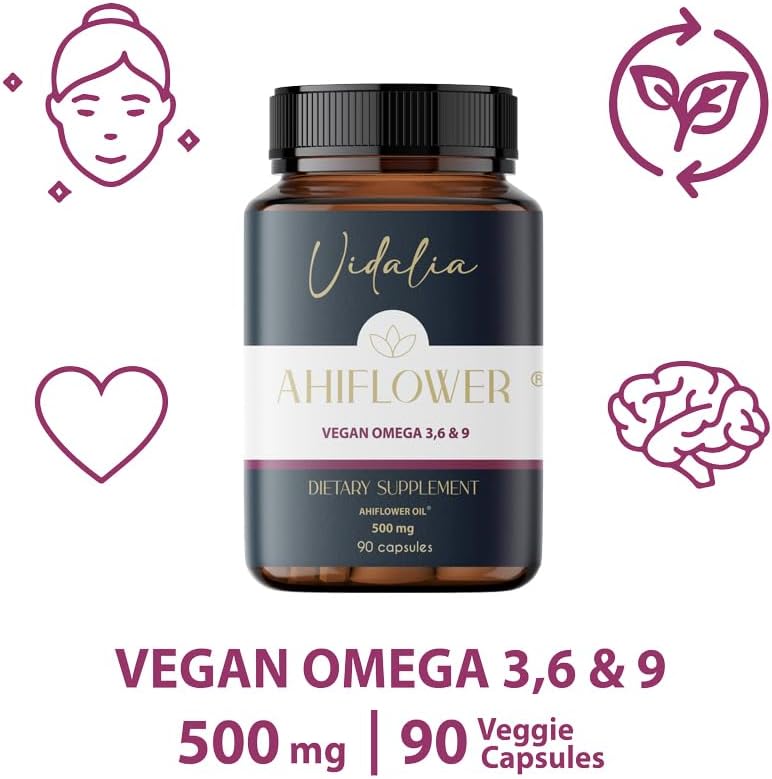 Vegan Ahiflower Oil Capsules by Vidalia - 90 Count, Omega 3, 6 & 9 Supplement from Sustainable Source - Vegan Friendly - NO Fish
