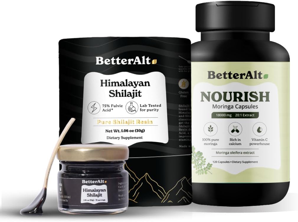 Vegan Alt Moringa Capsules 120 Count & Shilajit Resin 30g Combo | Mineral-Rich Antioxidants | Lab Tested & Vegan Friendly