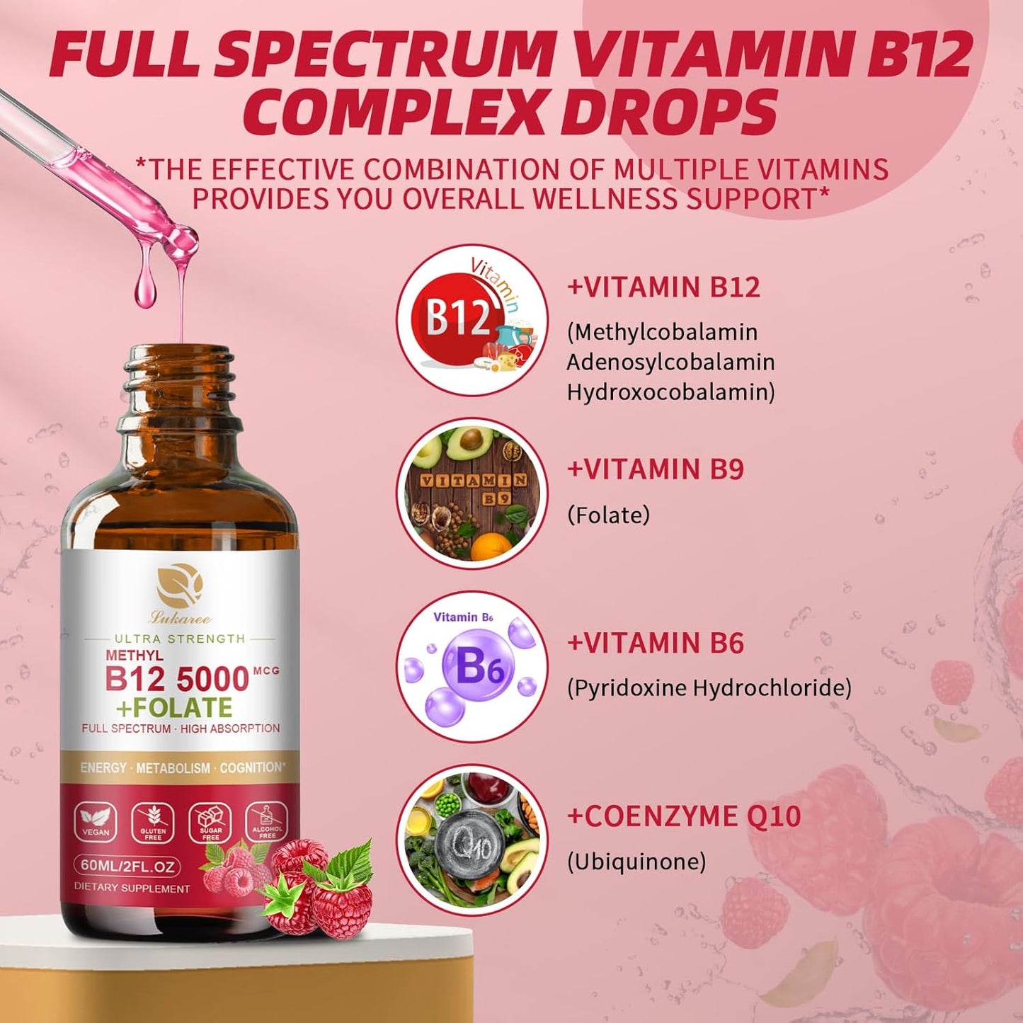 Vegan B12 Sublingual Drops (2 Pack) for Energy, Focus, Mood & Immune Support - Full Spectrum Liquid Vitamins with Methylcobalamin, Adenosyl & Hydroxy B12