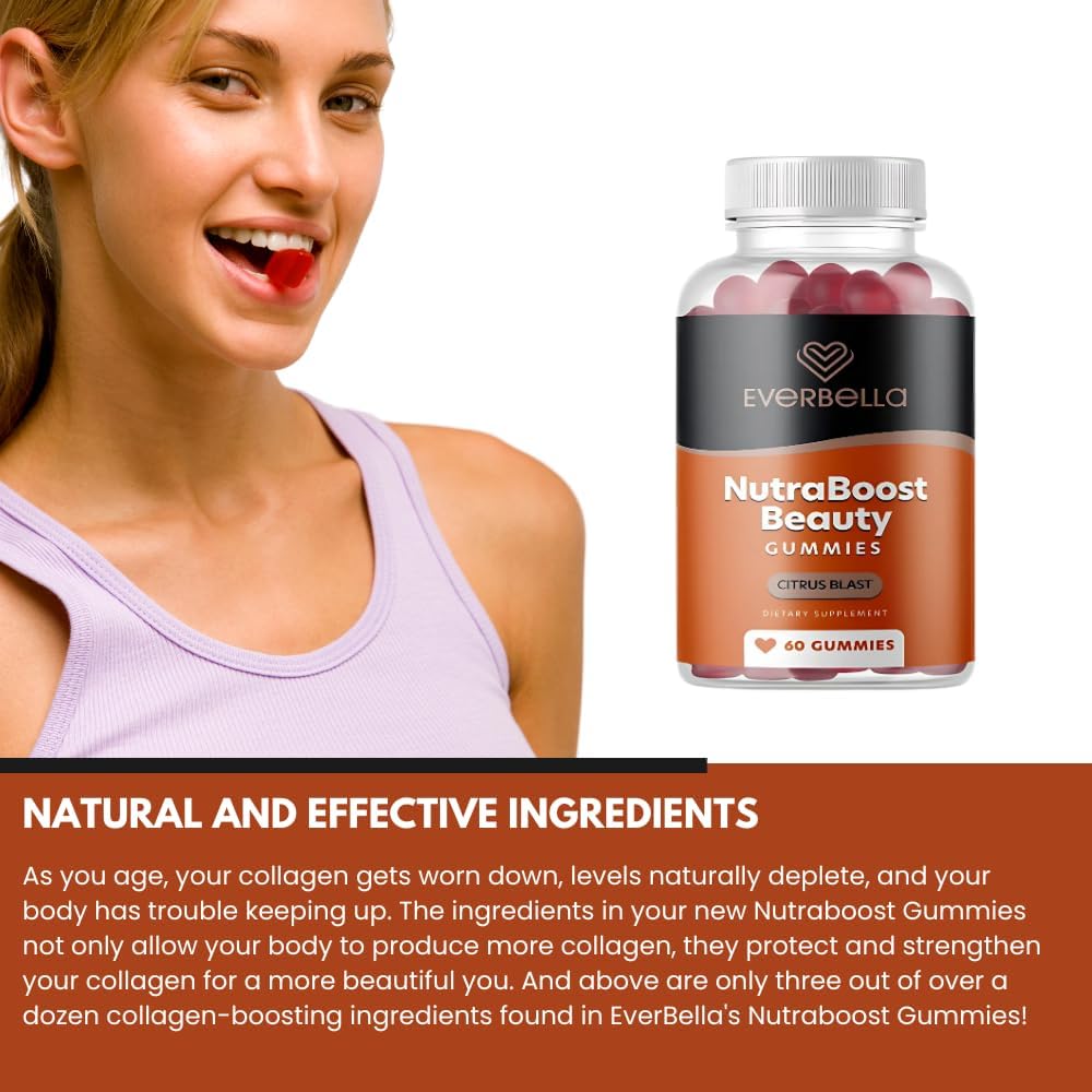 Vegan Beauty Gummies with Collagen Booster, Biotin, Vitamins A, E, C - Citrus Flavor - 30 Day Supply