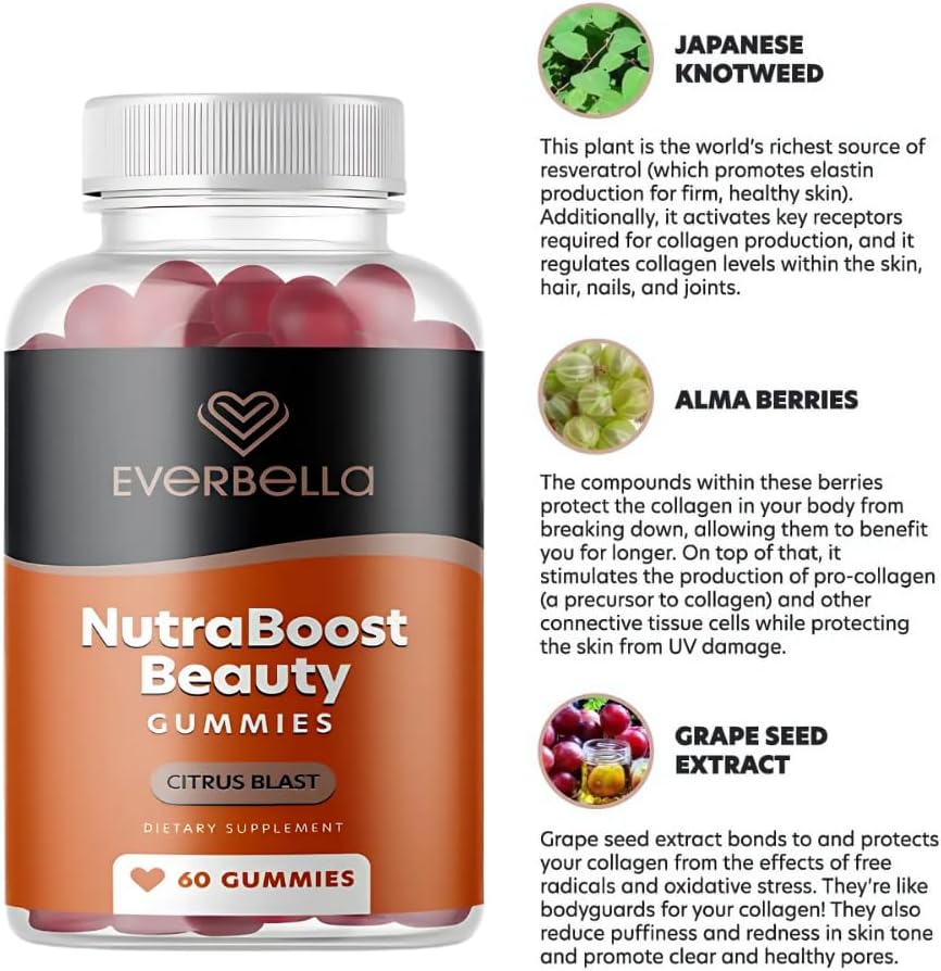 Vegan Beauty Gummies with Collagen Booster, Biotin, Vitamins A, E, C - Citrus Flavor - 30 Day Supply