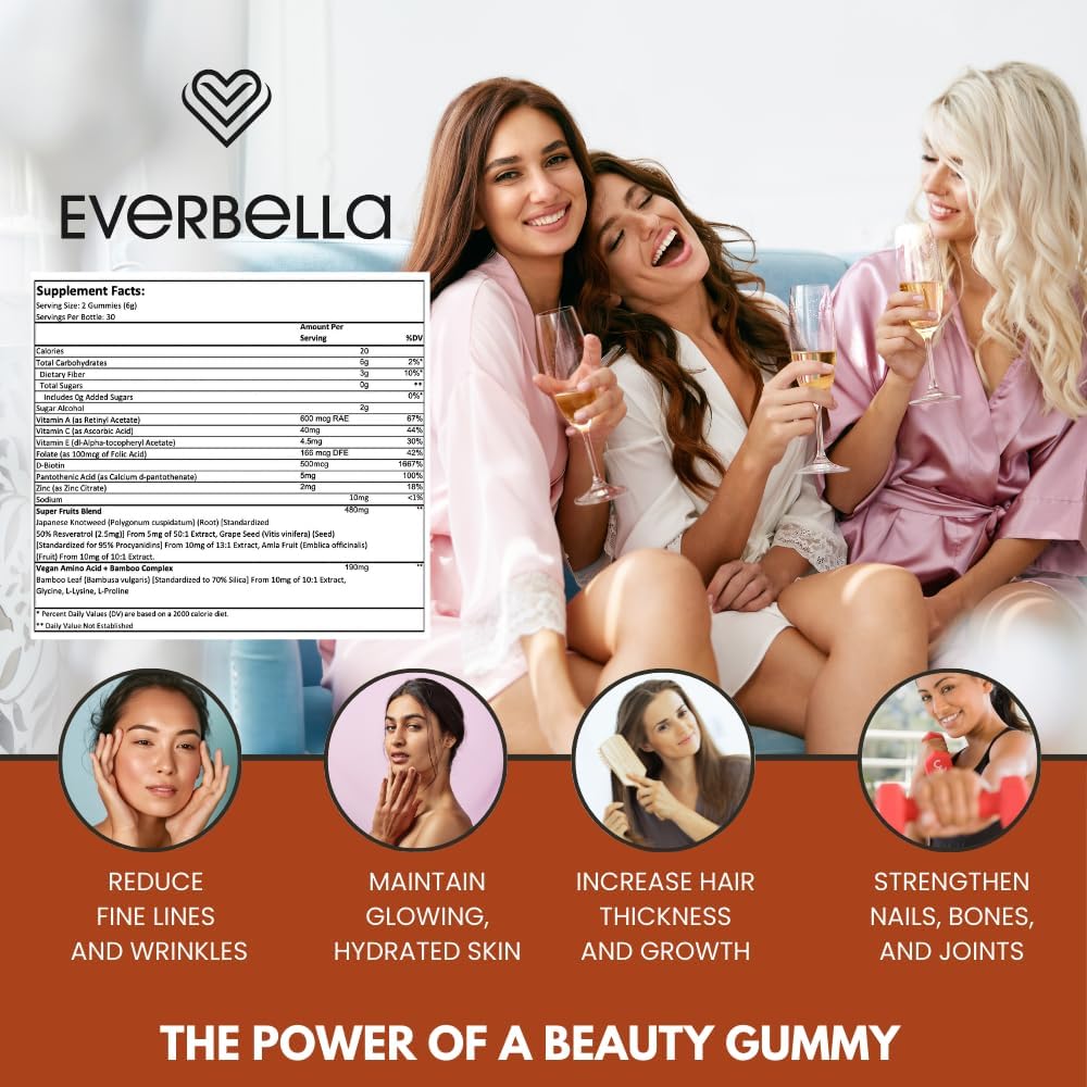 Vegan Beauty Gummies with Collagen Booster, Biotin, Vitamins A, E, C - Citrus Flavor - 30 Day Supply