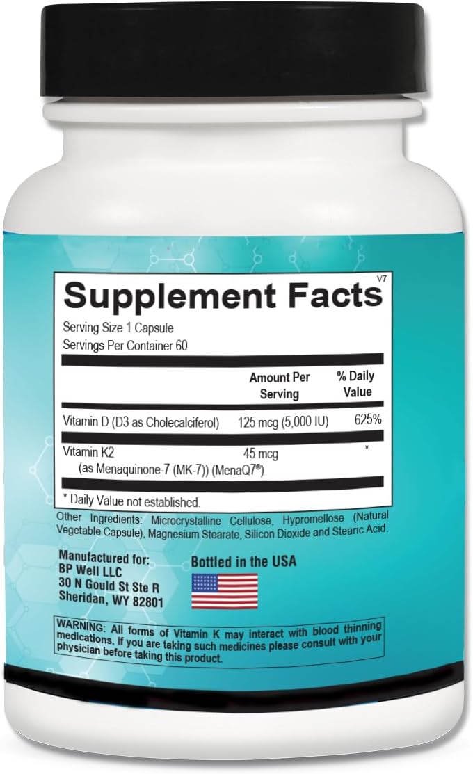 Vegan Body Pure K2-D3 Complete: 5000iu D3, 45mcg K2 as MK7, One-a-Day Formula - 60 Capsules