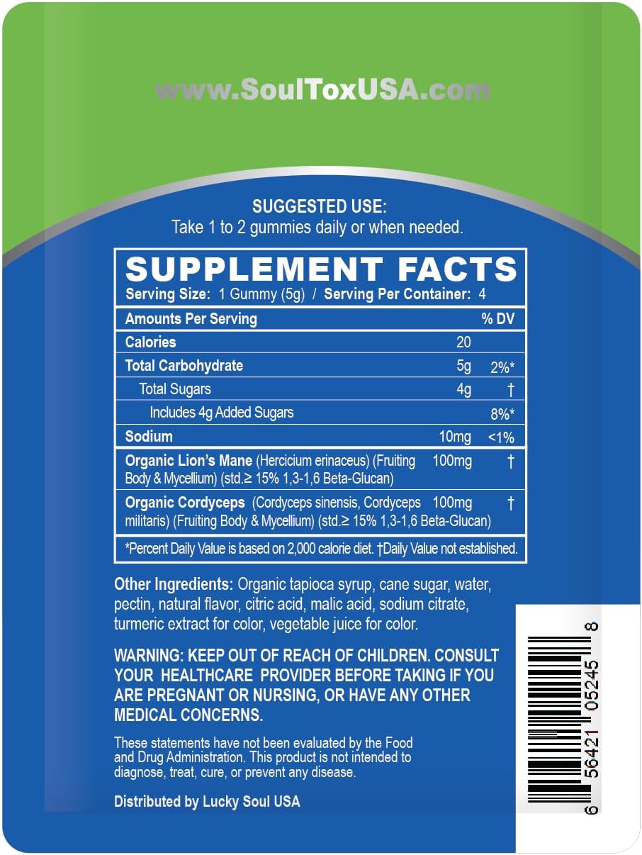 Vegan Citrus Lion's Mane Gummies for Memory, Focus, Energy - Soultox Focus - Organic Ingredients - Single Pack