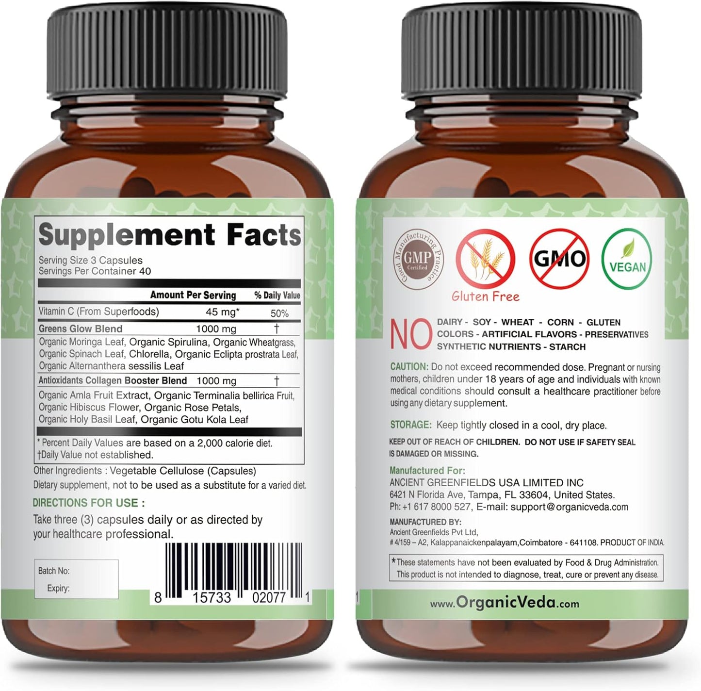 Vegan Collagen Capsules with Biotin for Hair, Skin & Nails - Organic Veda Greens Glow Superfoods Supplement with Vitamin C, E, Hyaluronic Acid, and Moringa - 120 Capsules