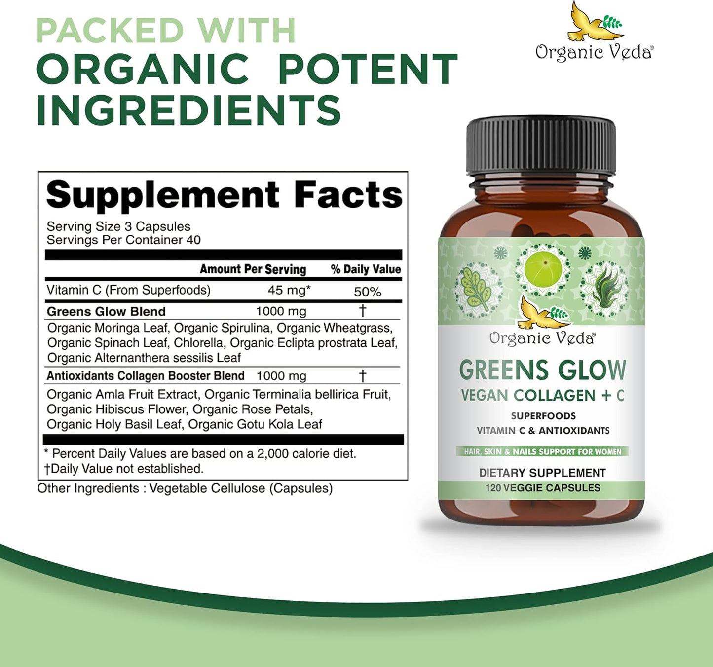 Vegan Collagen Capsules with Biotin for Hair, Skin & Nails - Organic Veda Greens Glow Superfoods Supplement with Vitamin C, E, Hyaluronic Acid, and Moringa - 120 Capsules
