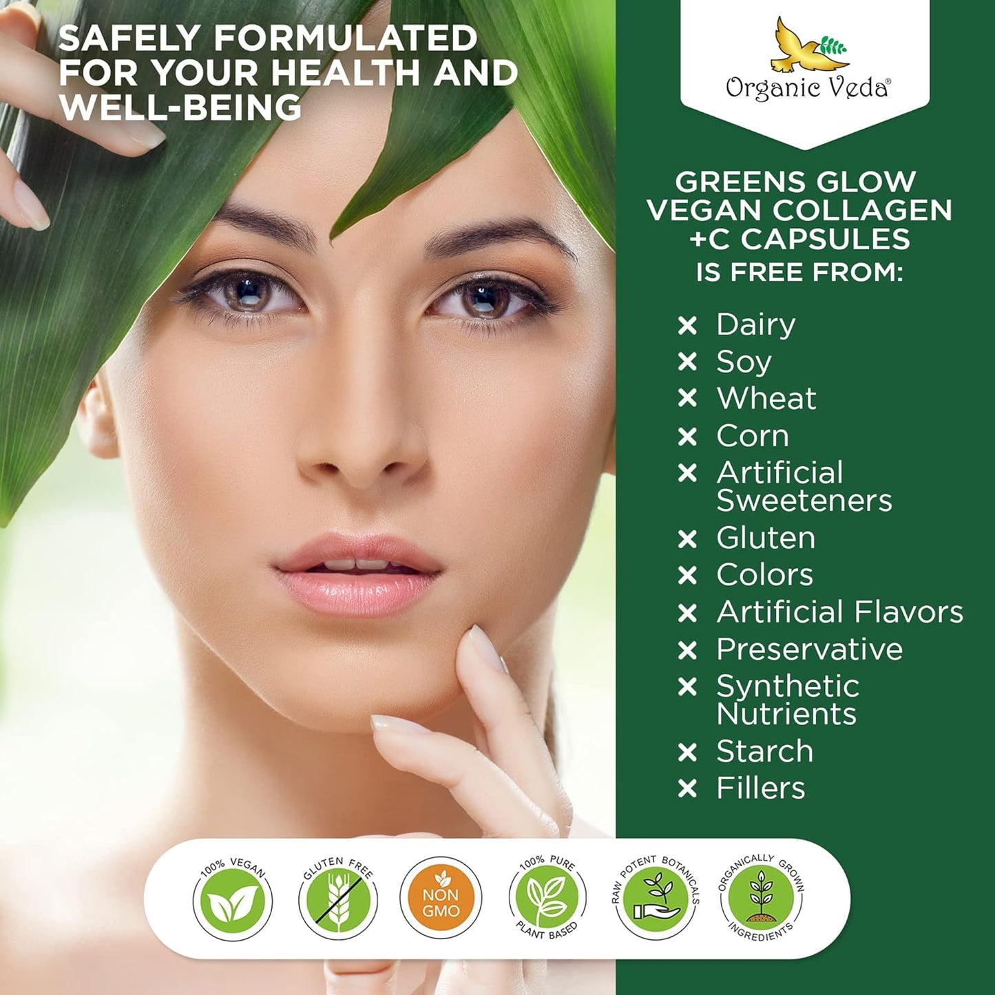 Vegan Collagen Capsules with Biotin for Hair, Skin & Nails - Organic Veda Greens Glow Superfoods Supplement with Vitamin C, E, Hyaluronic Acid, and Moringa - 120 Capsules