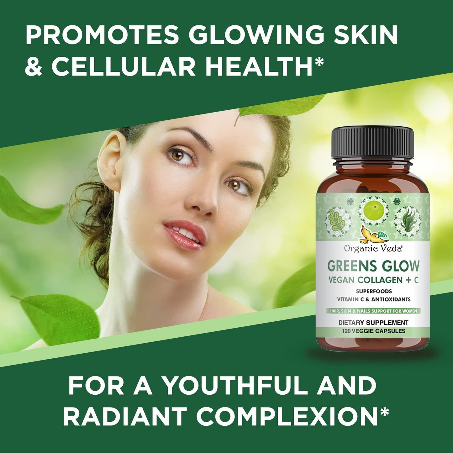 Vegan Collagen Capsules with Biotin for Hair, Skin & Nails - Organic Veda Greens Glow Superfoods Supplement with Vitamin C, E, Hyaluronic Acid, and Moringa - 120 Capsules