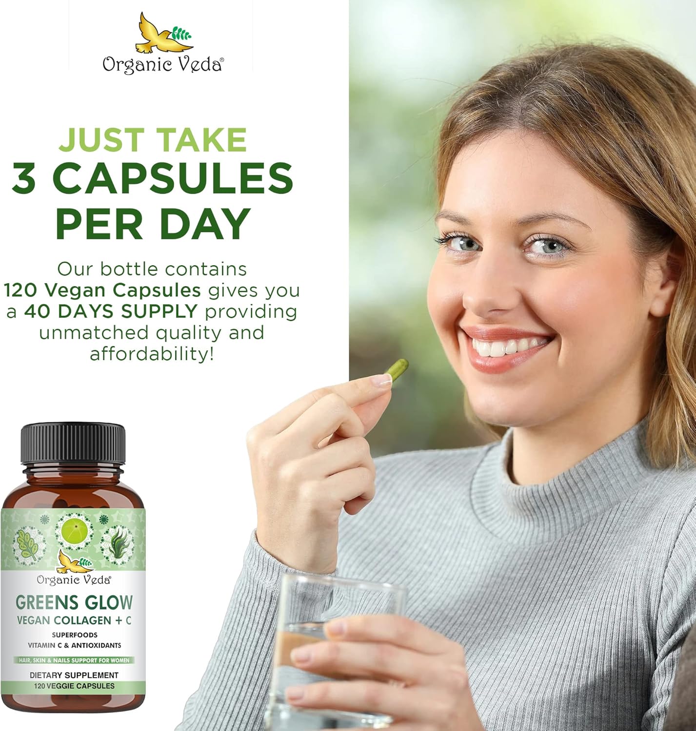 Vegan Collagen Capsules with Biotin for Hair, Skin & Nails - Organic Veda Greens Glow Superfoods Supplement with Vitamin C, E, Hyaluronic Acid, and Moringa - 120 Capsules