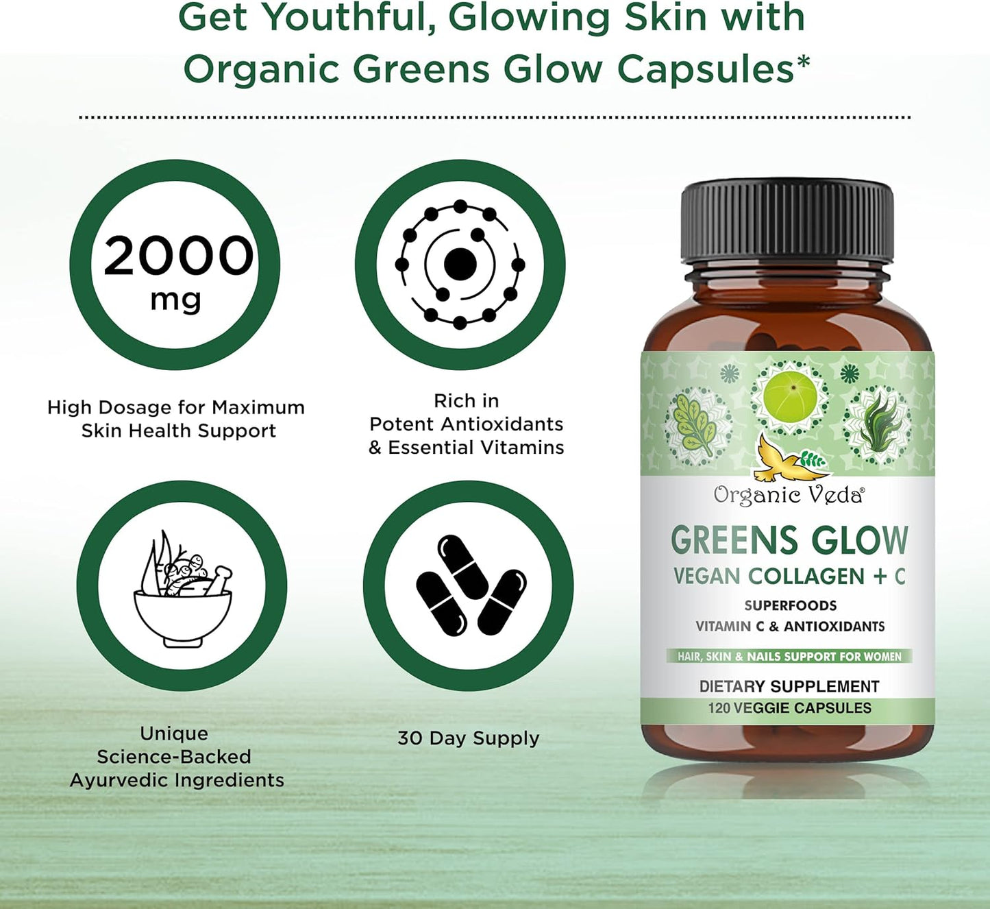 Vegan Collagen Capsules with Biotin for Hair, Skin & Nails - Organic Veda Greens Glow Superfoods Supplement with Vitamin C, E, Hyaluronic Acid, and Moringa - 120 Capsules