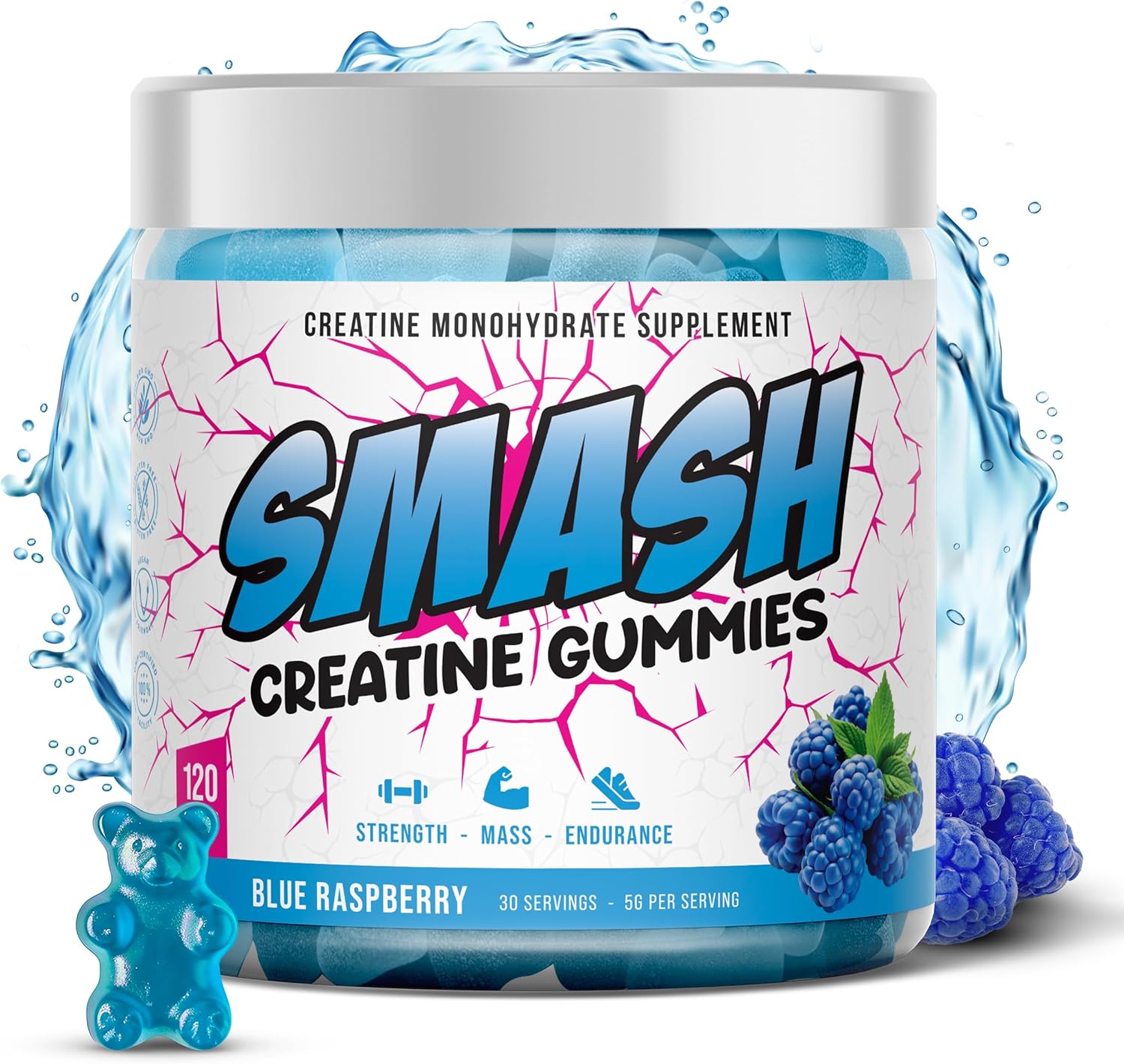 Vegan Creatine Monohydrate Gummies 5g - Sugar-Free (120ct) - Pre & Post Workout Supplement - Blue Raspberry Flavor