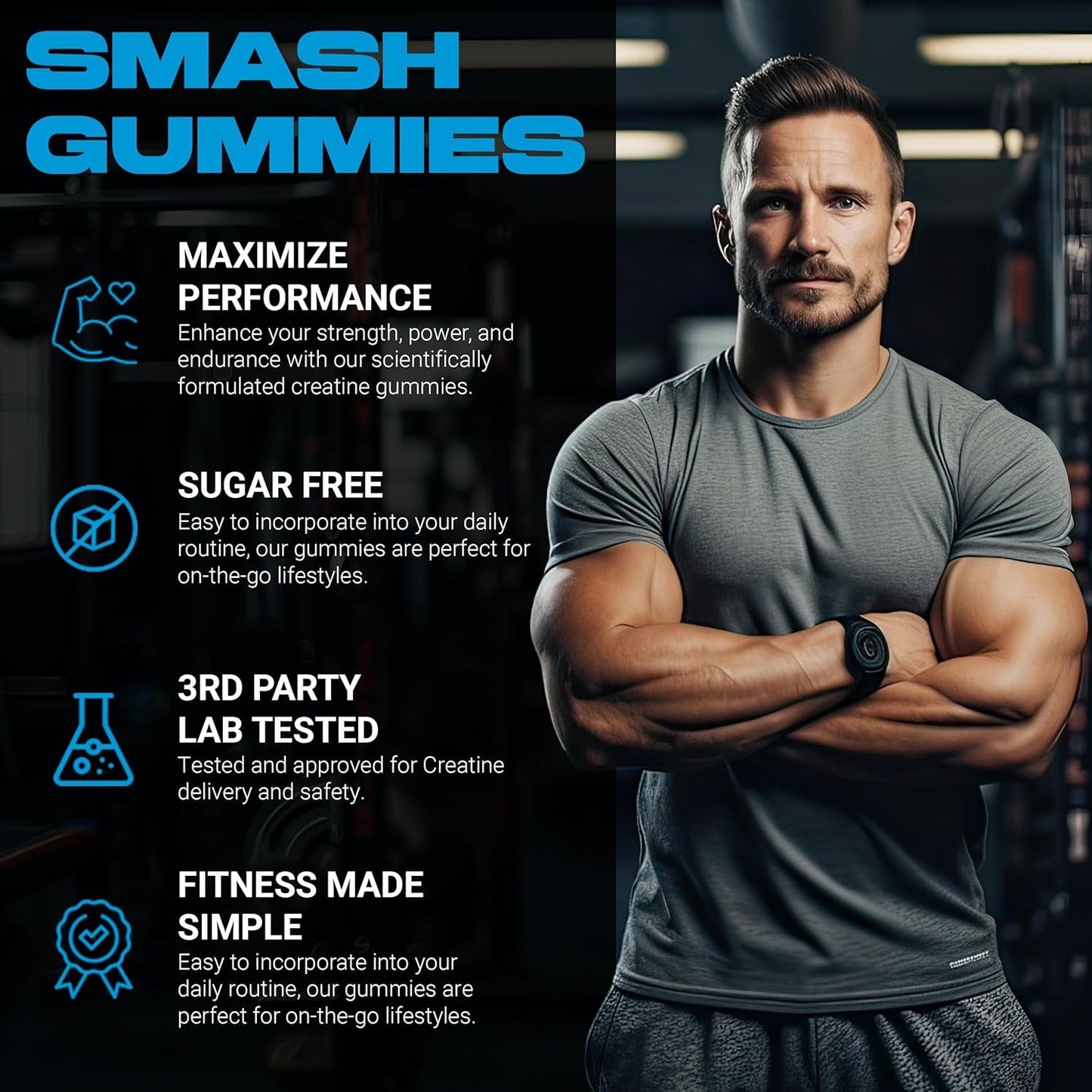 Vegan Creatine Monohydrate Gummies 5g - Sugar-Free (120ct) - Pre & Post Workout Supplement - Blue Raspberry Flavor