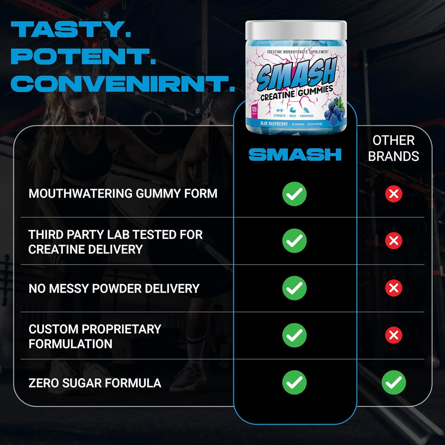 Vegan Creatine Monohydrate Gummies 5g - Sugar-Free (120ct) - Pre & Post Workout Supplement - Blue Raspberry Flavor