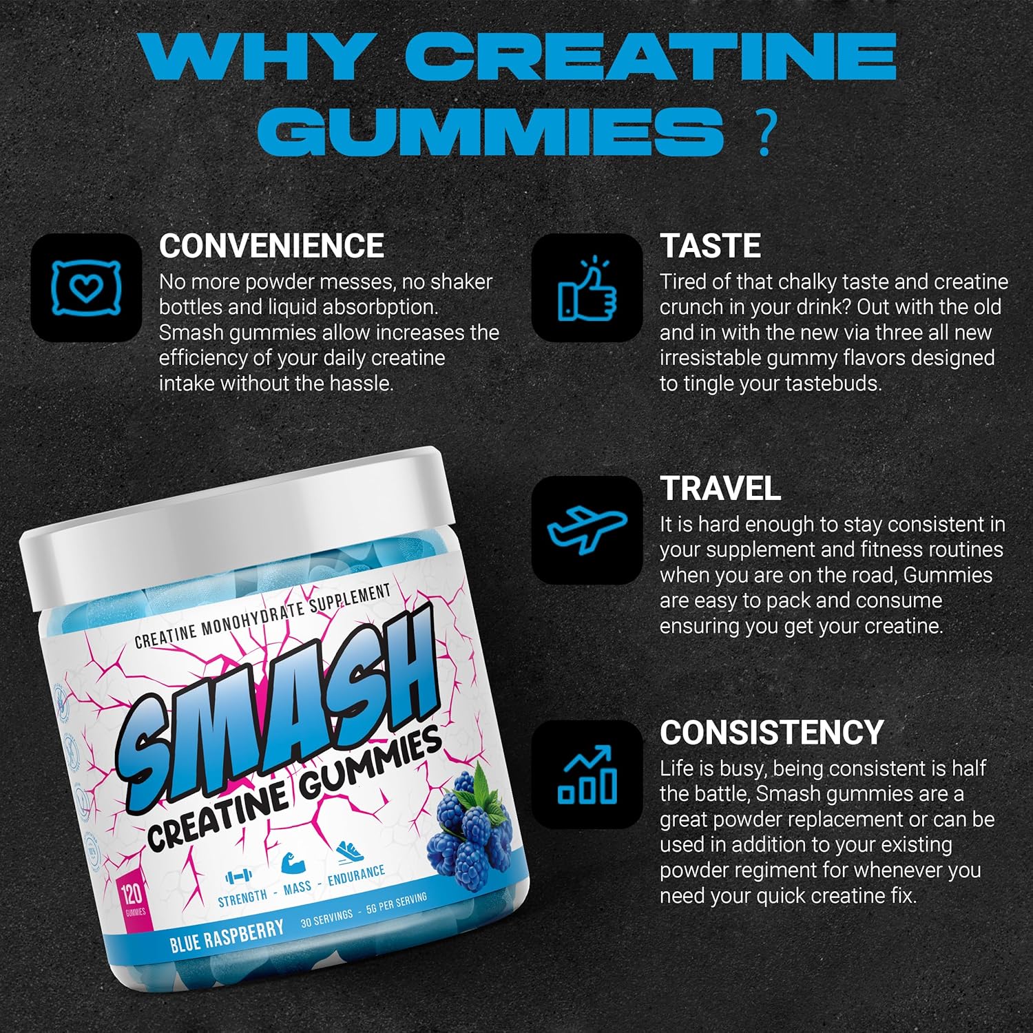 Vegan Creatine Monohydrate Gummies 5g - Sugar-Free (120ct) - Pre & Post Workout Supplement - Blue Raspberry Flavor