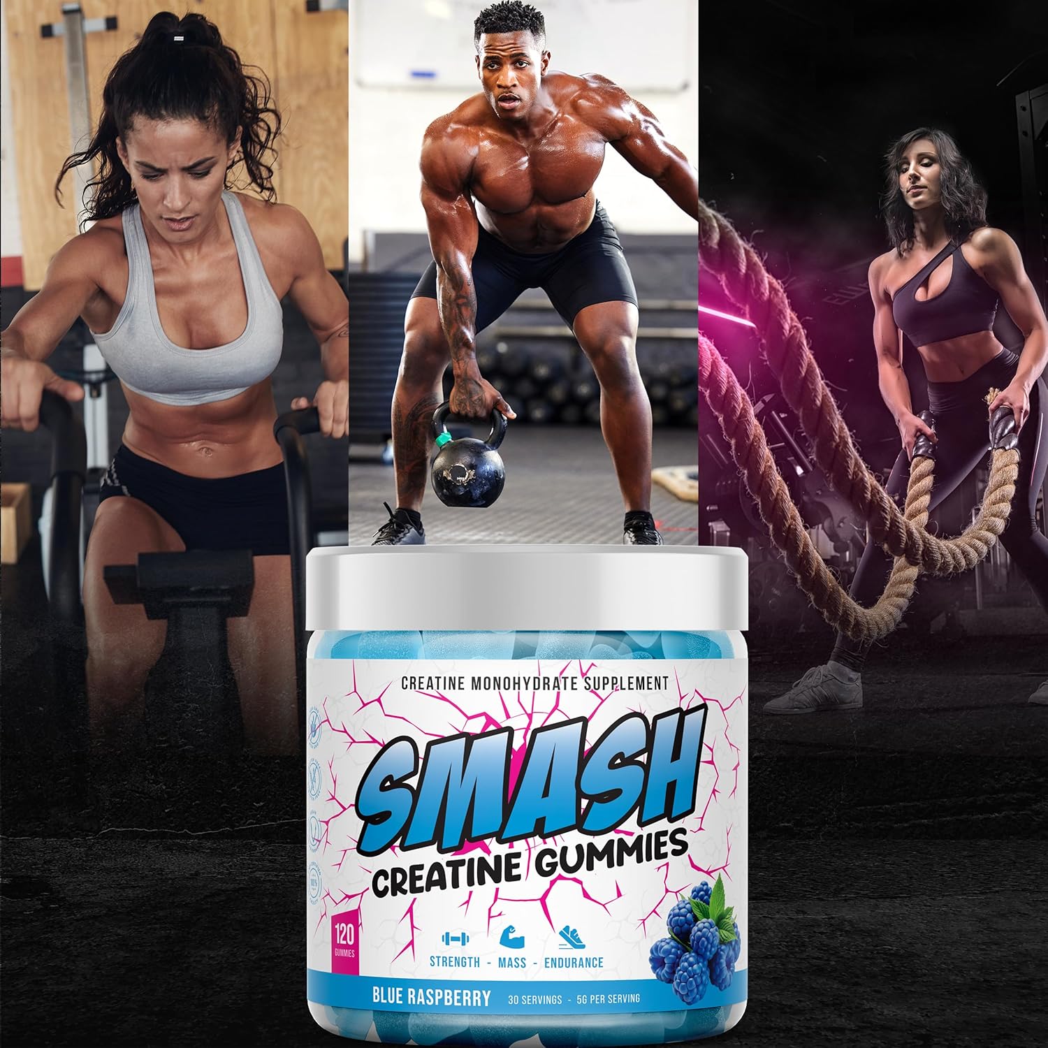 Vegan Creatine Monohydrate Gummies 5g - Sugar-Free (120ct) - Pre & Post Workout Supplement - Blue Raspberry Flavor