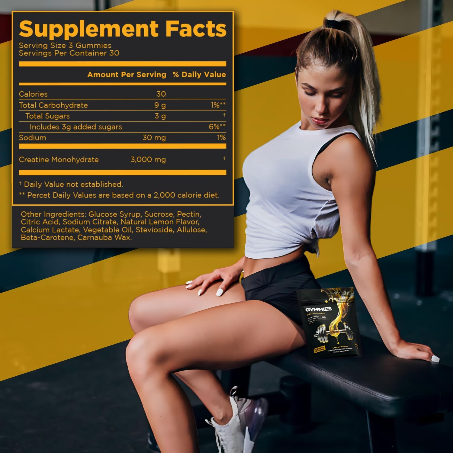 Vegan Creatine Monohydrate Gummies for Muscle Growth & Performance - 5g Creatine - Non-GMO, Gluten-Free - 90ct Lemon Gummies