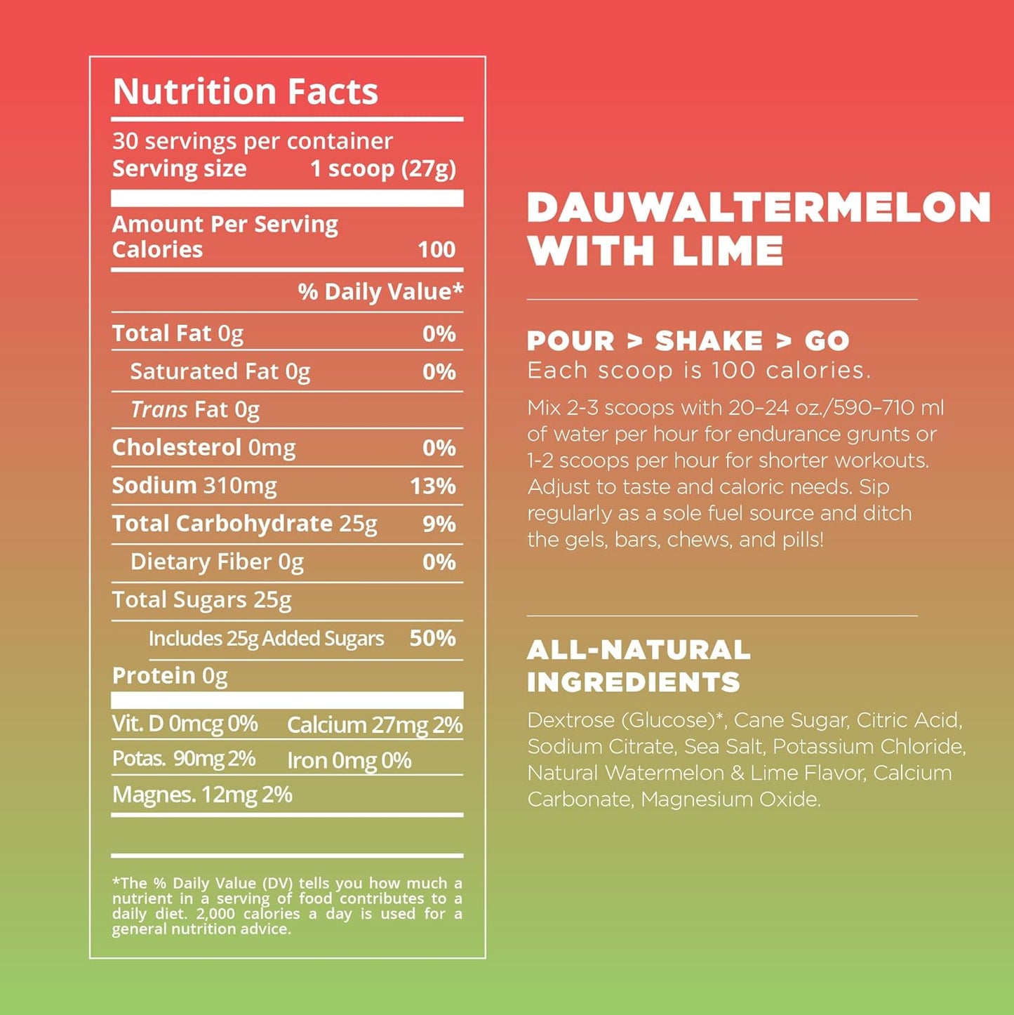 Vegan Dauwaltermelon Endurance Fuel Powder Mix with Electrolytes - Non-GMO, Soy and Dairy-Free, Gluten-Free - 30 Servings