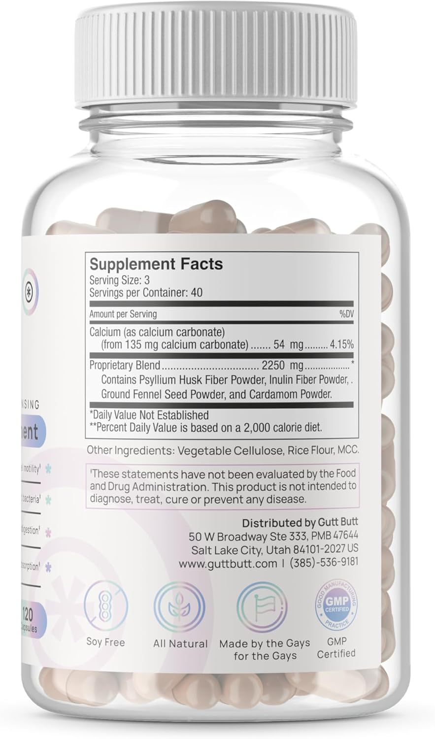 Vegan Fiber Supplement for Digestive Regularity | Psyllium Husk, Inulin, Cardamom | 120 Capsules