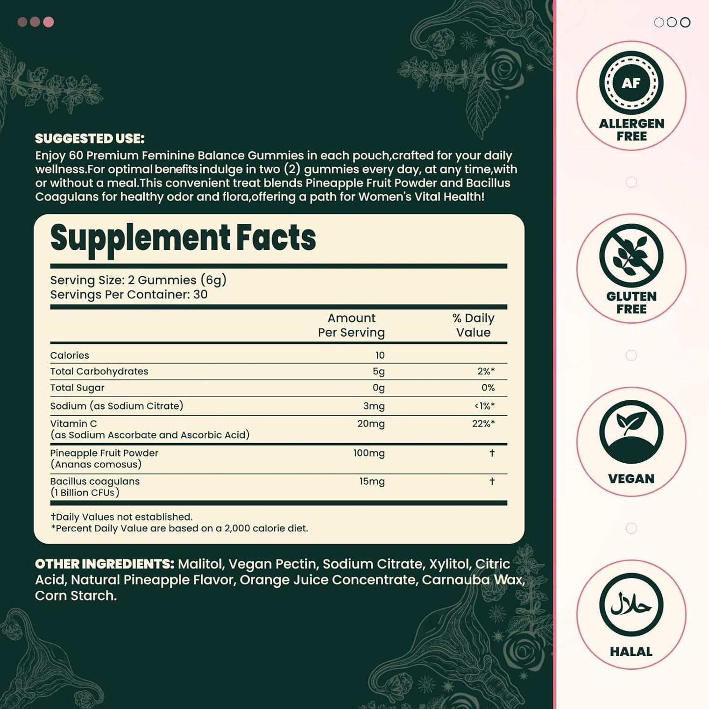 Vegan Gluten-Free Premium Feminine Balance Gummies with Hawaiian Pineapple Flavor for Immune Support - Halal Edible Healthcare