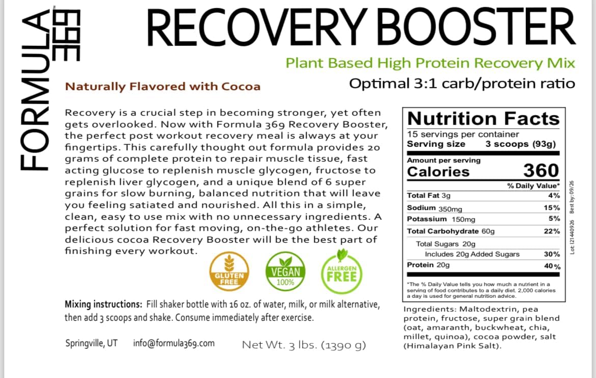 Vegan High Protein Recovery Shake with 20g Protein and 60g Carbs, 100% Natural, Gluten Free Formula 369 Recovery Booster - 3 pounds