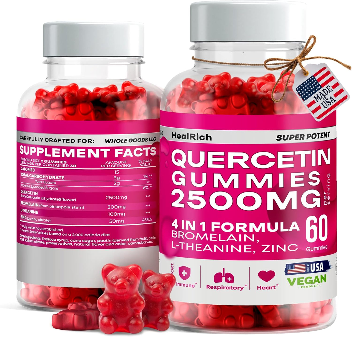Vegan Immune Support Gummies with Quercetin 2500MG, Bromelain, L-Theanine, and Zinc - Allergy Relief and Lung Health for Kids and Adults