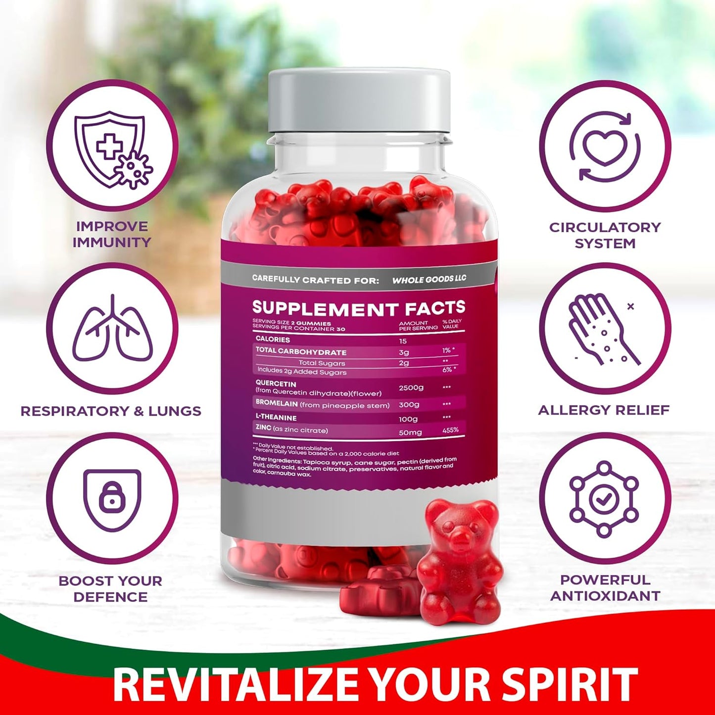 Vegan Immune Support Gummies with Quercetin 2500MG, Bromelain, L-Theanine, and Zinc - Allergy Relief and Lung Health for Kids and Adults