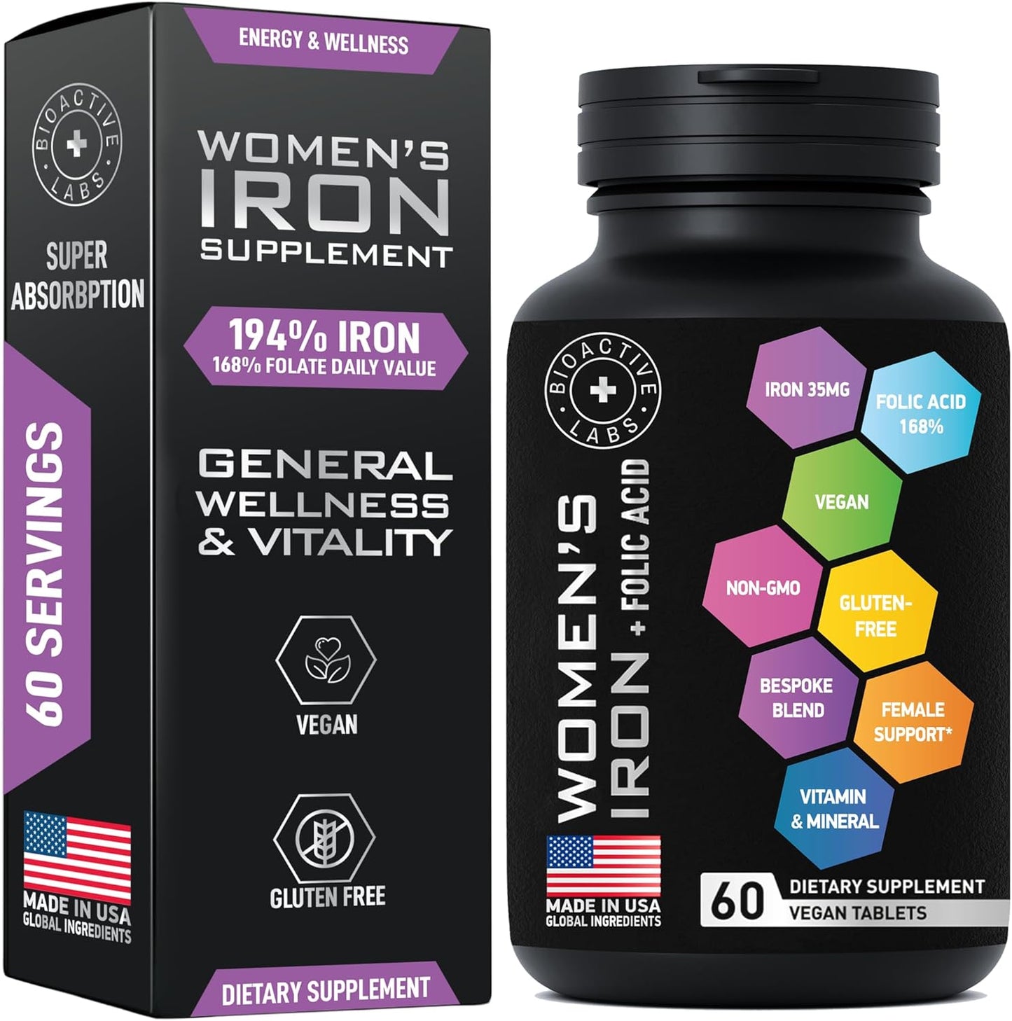 Vegan Iron Supplements and Optimized Saffron Bundle for Women by BIOACTIVE LABS