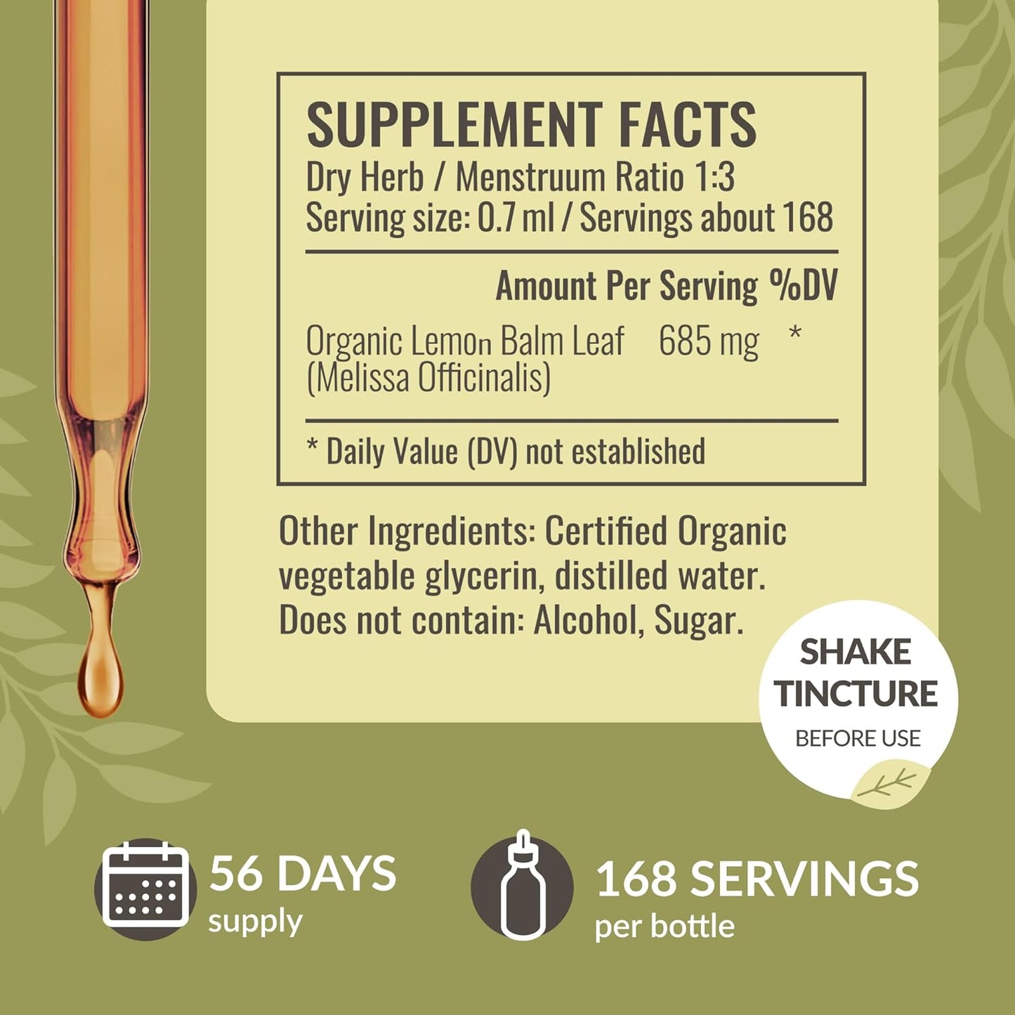 Vegan Lemon Balm Tincture for Calm Support - Liquid Calming Drops with Melissa Officinalis Extract - Non-GMO Relaxation Supplement, 56-Day Supply