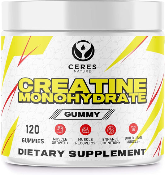 Vegan Lemon Flavored Creatine Monohydrate Gummies - 5g per Serving - 120 Count for Men & Women by Ceres Nature
