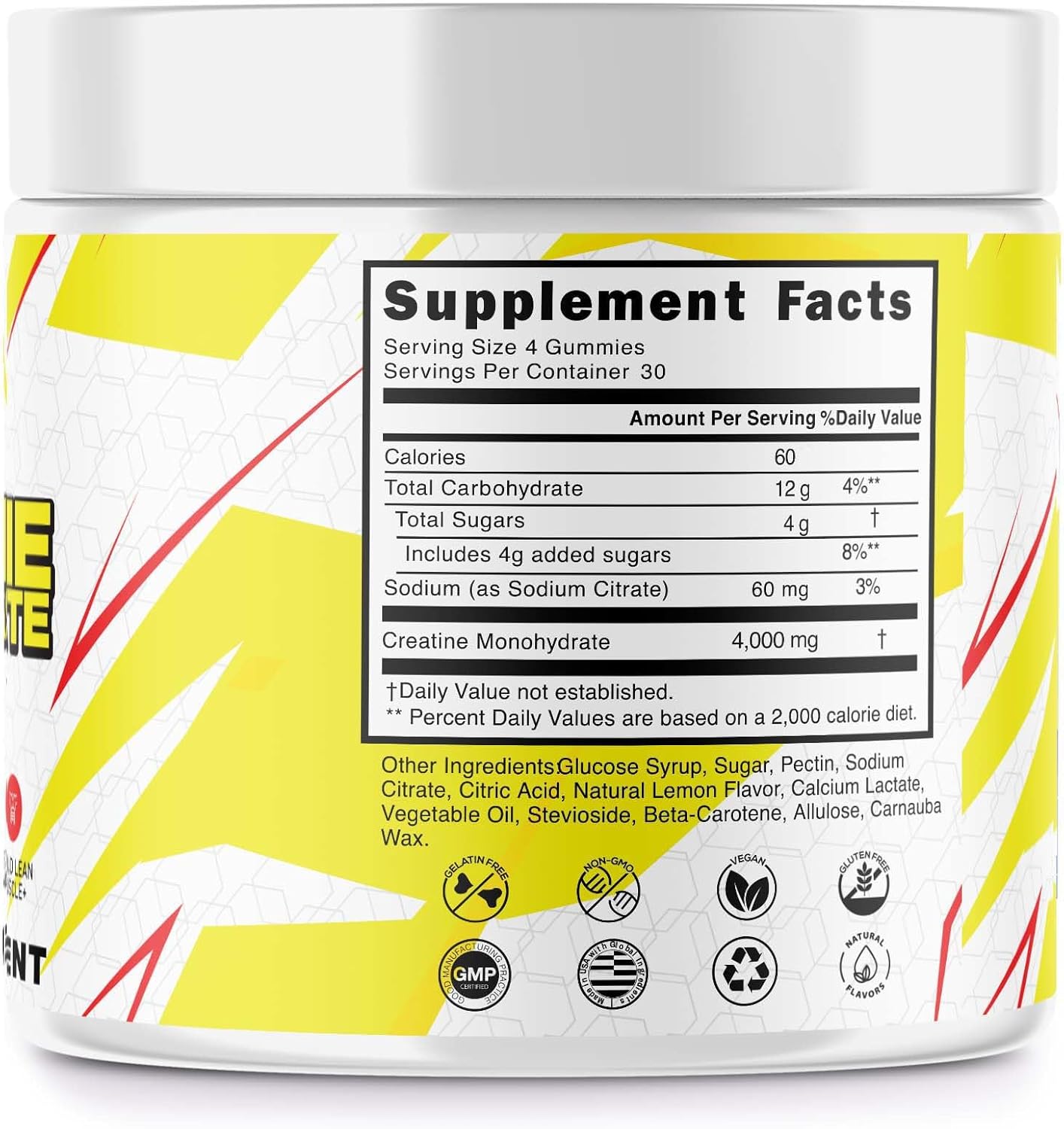 Vegan Lemon Flavored Creatine Monohydrate Gummies - 5g per Serving - 120 Count for Men & Women by Ceres Nature