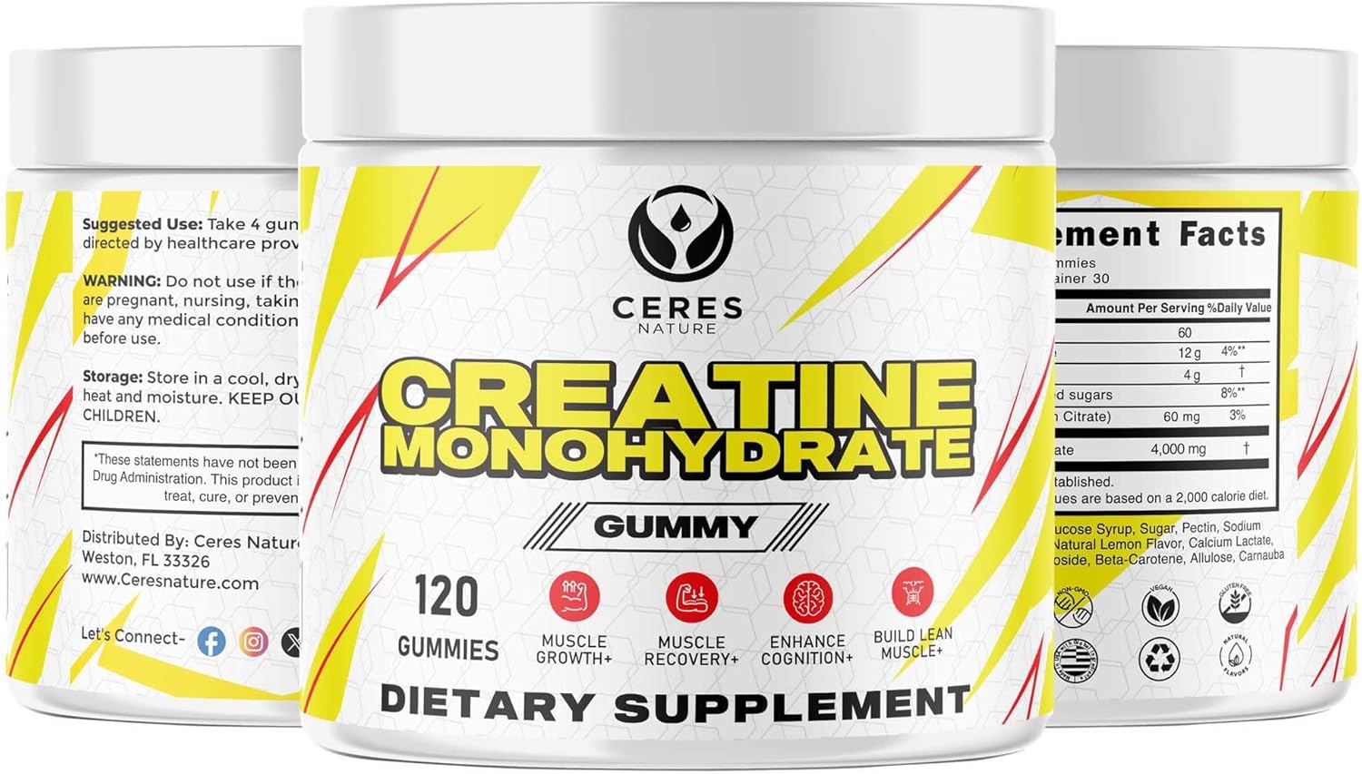 Vegan Lemon Flavored Creatine Monohydrate Gummies - 5g per Serving - 120 Count for Men & Women by Ceres Nature
