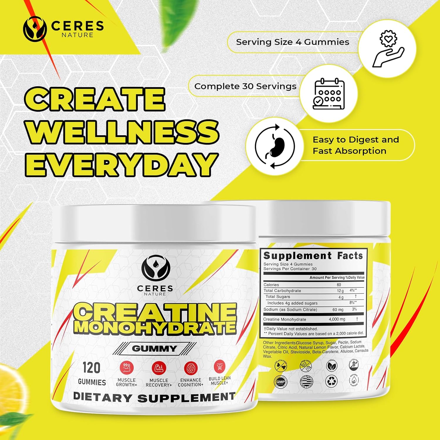 Vegan Lemon Flavored Creatine Monohydrate Gummies - 5g per Serving - 120 Count for Men & Women by Ceres Nature