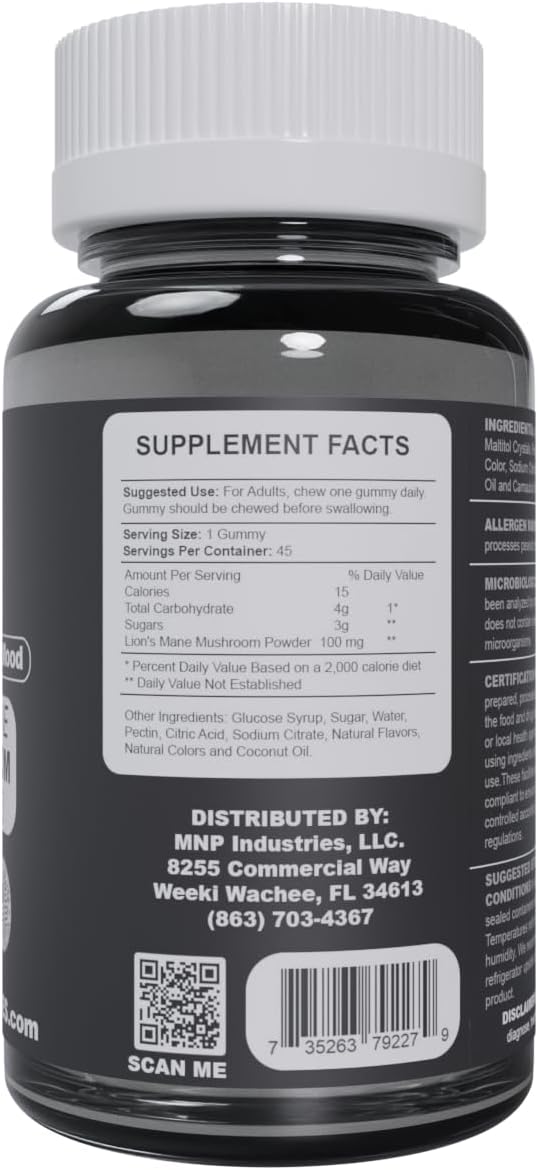 Vegan Lion’s Mane Mushroom Gummies for Mood Boosting and Focus - 45-Count Natural Berry-flavored Supplements, Non-GMO