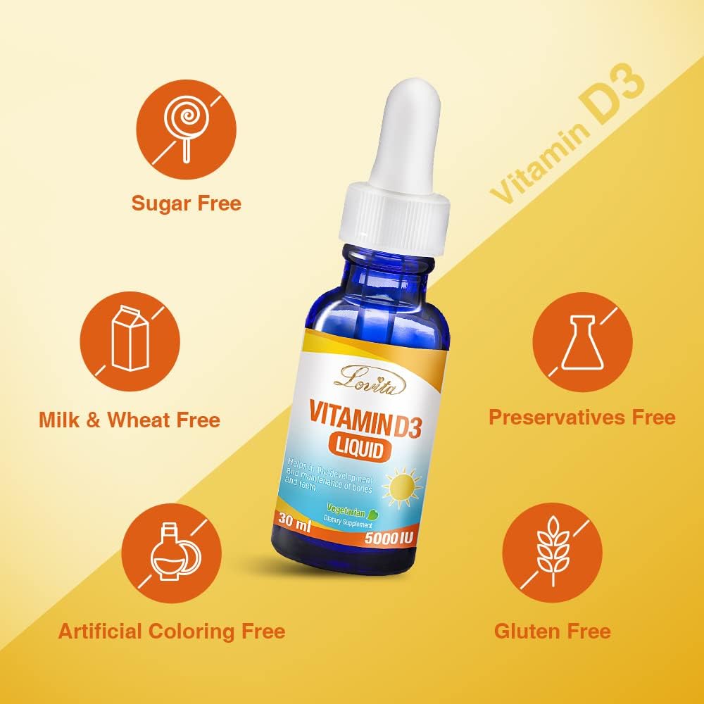 Vegan Lovita Vitamin D3 5000 IU Drops for Immune Support & Strong Bones, 1 Fl Oz - Pack of 2, Adjustable Dosing for All Ages