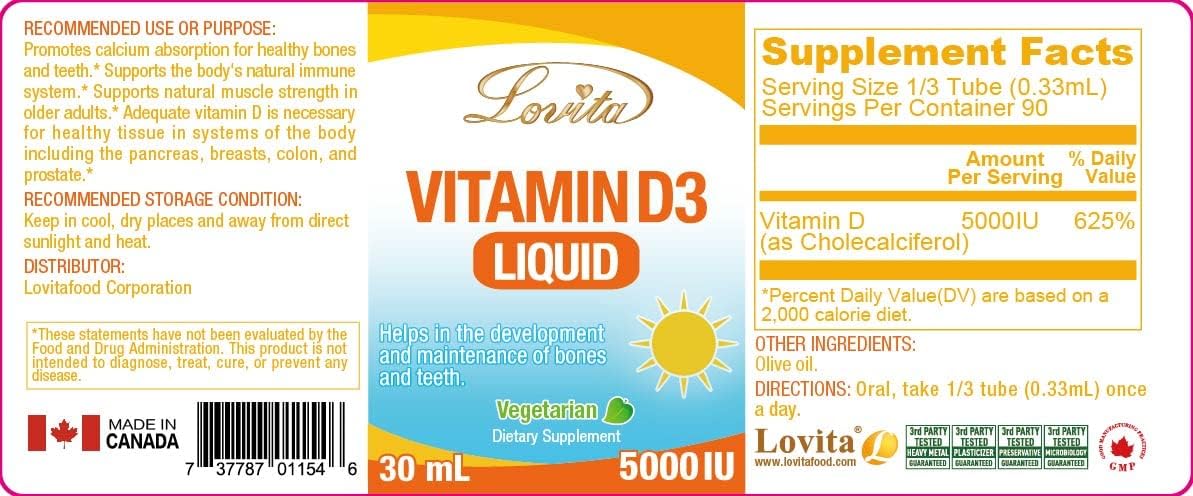 Vegan Lovita Vitamin D3 5000 IU Drops for Immune Support & Strong Bones, 1 Fl Oz - Pack of 2, Adjustable Dosing for All Ages