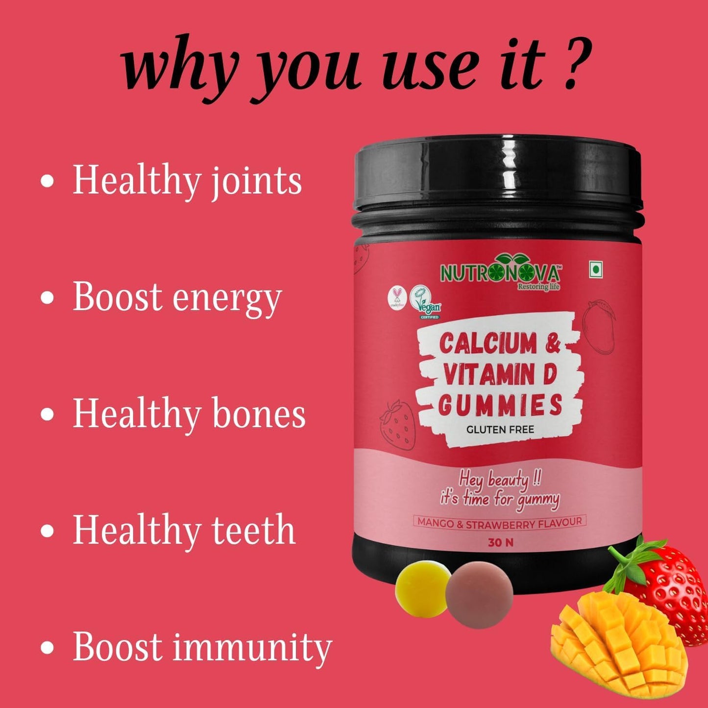 Vegan Mango & Strawberry Flavored BV Calcium & Vitamin D Gummies for Women - 30 Chewables, Fortified with 200IU Vitamin D and Calcium for Strong Teeth and Bones - Pack of 1