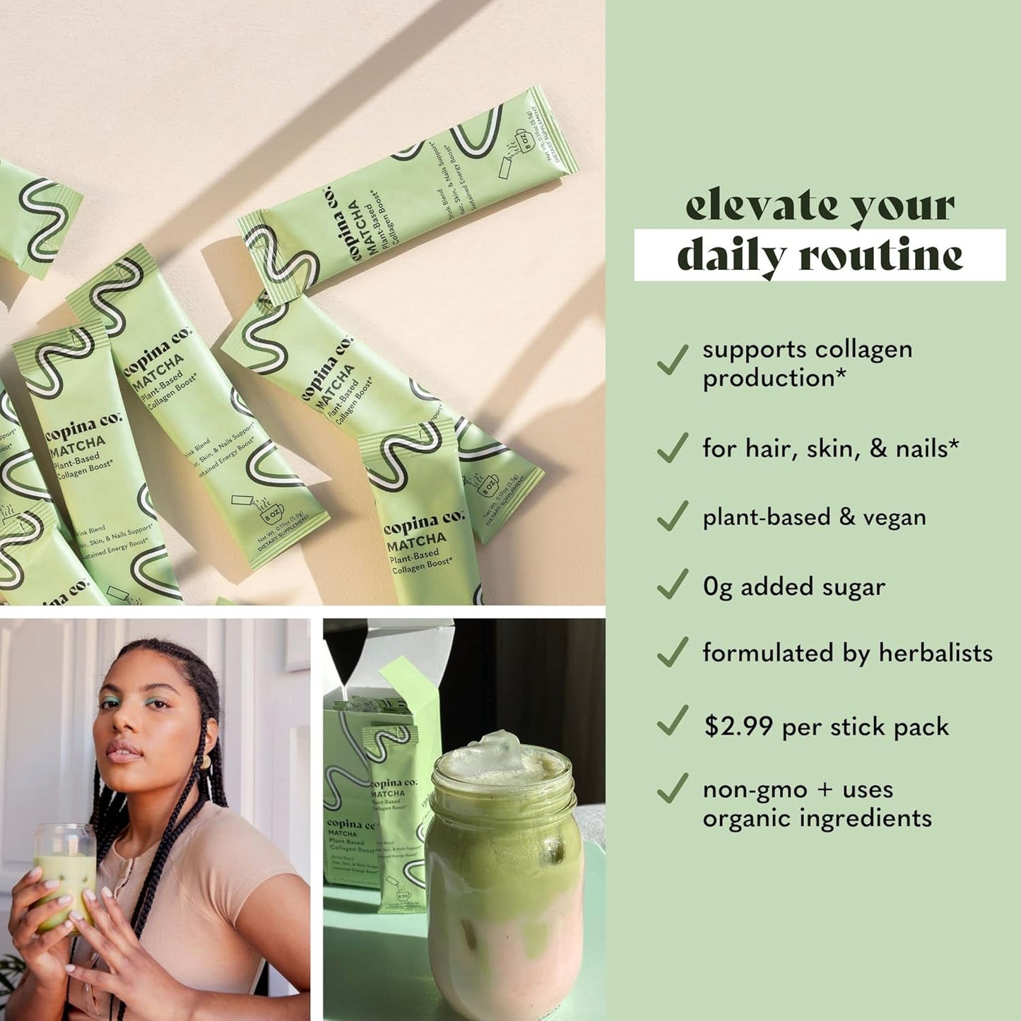 Vegan Matcha Beauty Collagen Booster Drink Blend Variety Pack - 10 Individual Stick Packs | Plant Based Support Smoothie Drink Blend