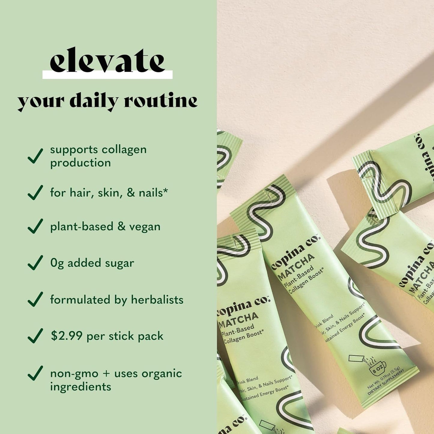 Vegan Matcha Beauty Collagen Booster Drink Blend Variety Pack - 10 Individual Stick Packs | Plant Based Support Smoothie Drink Blend