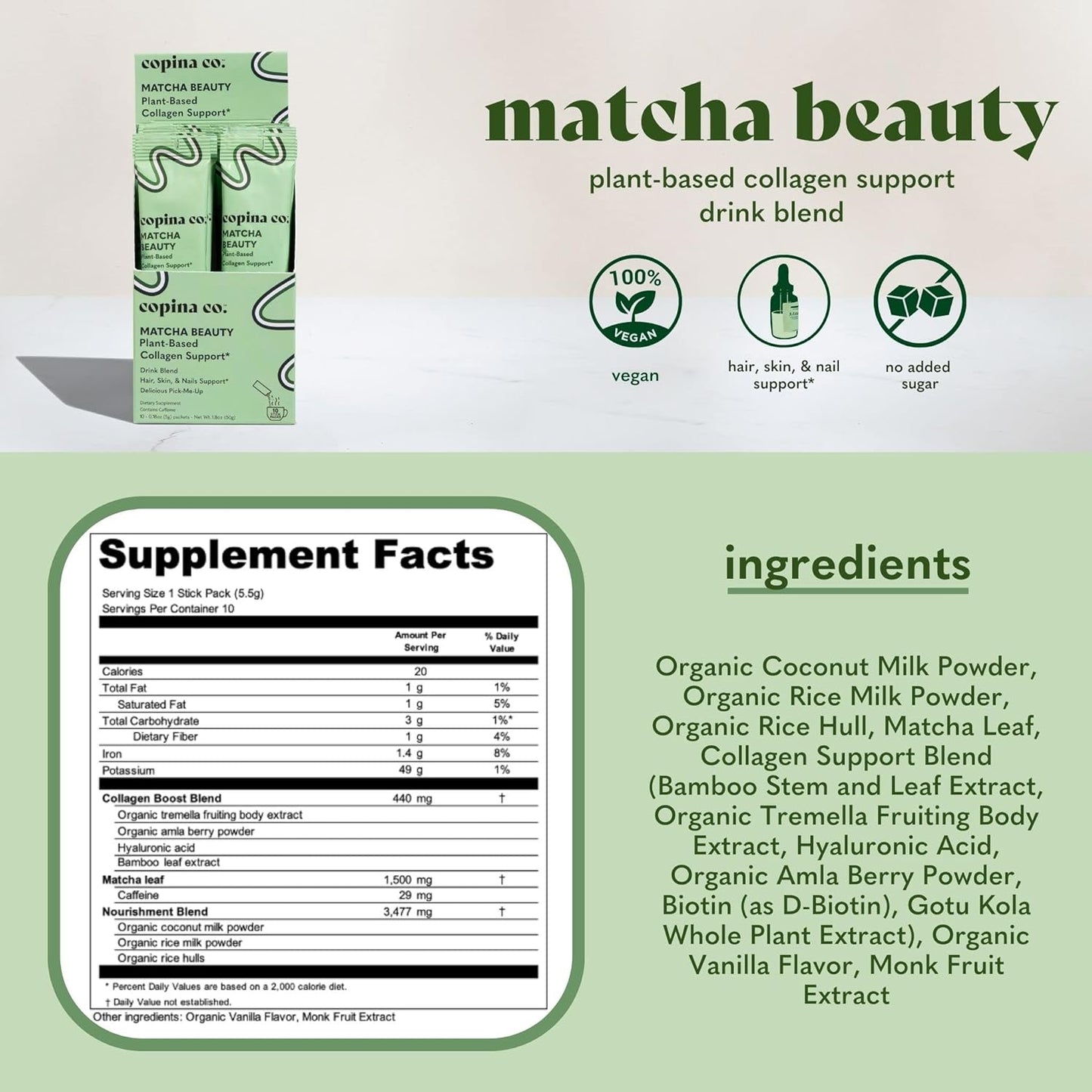 Vegan Matcha Beauty Collagen Booster Drink Blend Variety Pack - 10 Individual Stick Packs | Plant Based Support Smoothie Drink Blend