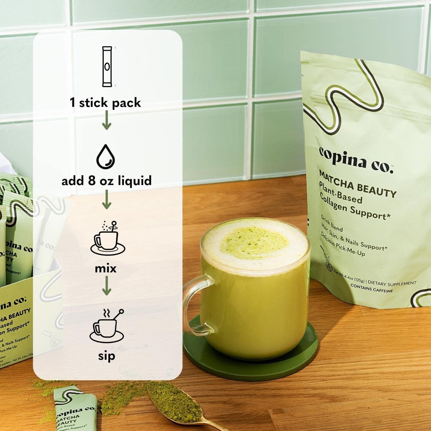Vegan Matcha Beauty Collagen Booster Drink Blend Variety Pack - 10 Individual Stick Packs | Plant Based Support Smoothie Drink Blend