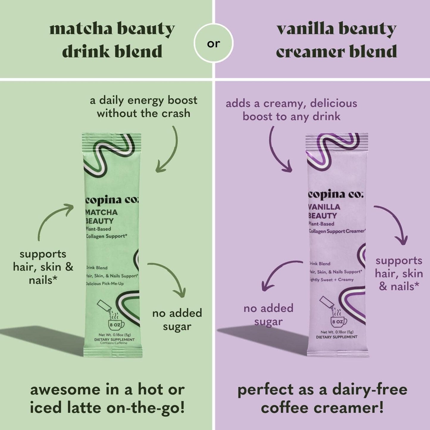 Vegan Matcha Beauty Collagen Booster Drink Blend Variety Pack - 10 Individual Stick Packs | Plant Based Support Smoothie Drink Blend