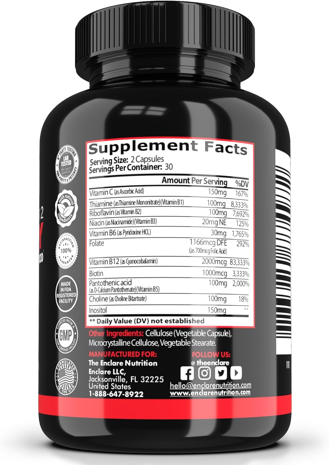 Vegan Max Strength Vitamin B12 & B Complex Supplement for Energy, Brain & Heart Health with Vitamin C - Enclure Nutrition