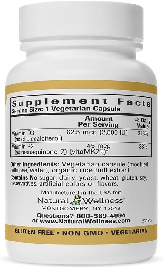 Vegan Natural Wellness Vitamin D3 + K2 Capsules for Bone, Heart, and Immune Health - 2500 IU D3 & 45 mcg K2 - 90 Count
