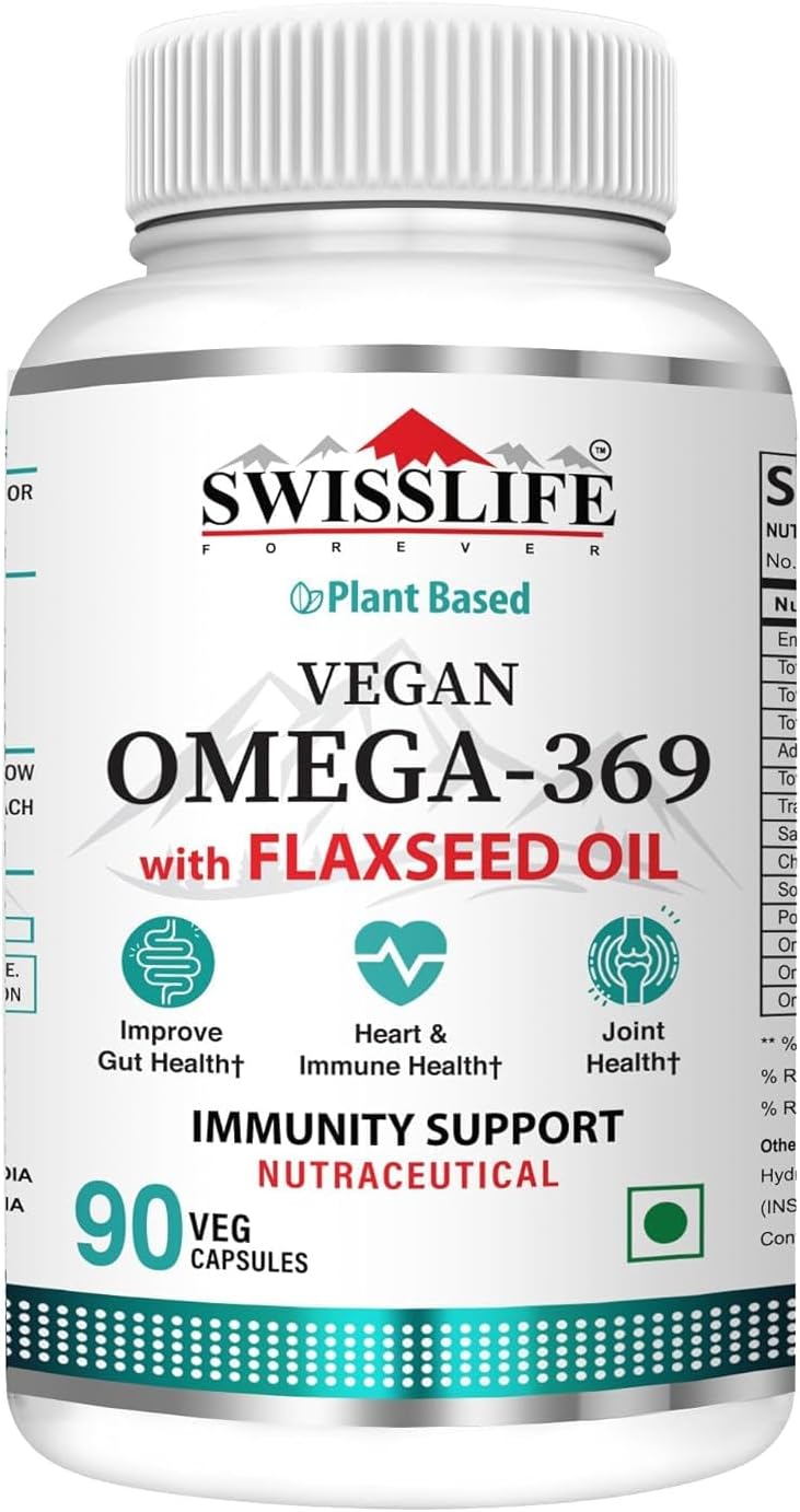 Vegan Omega 3 6 9 Supplement with Flaxseed, Borage, Olive Oils - Heart, Skin, Hair, Joint Support - 90 Capsules