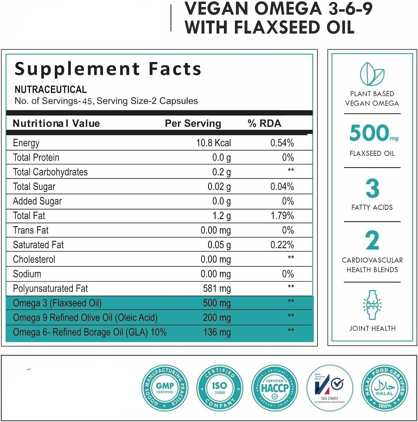 Vegan Omega 3 6 9 Supplement with Flaxseed, Borage, Olive Oils - Heart, Skin, Hair, Joint Support - 90 Capsules