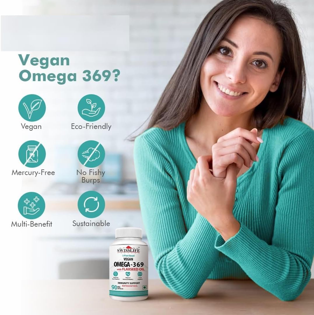 Vegan Omega 3 6 9 Supplement with Flaxseed, Borage, Olive Oils - Heart, Skin, Hair, Joint Support - 90 Capsules