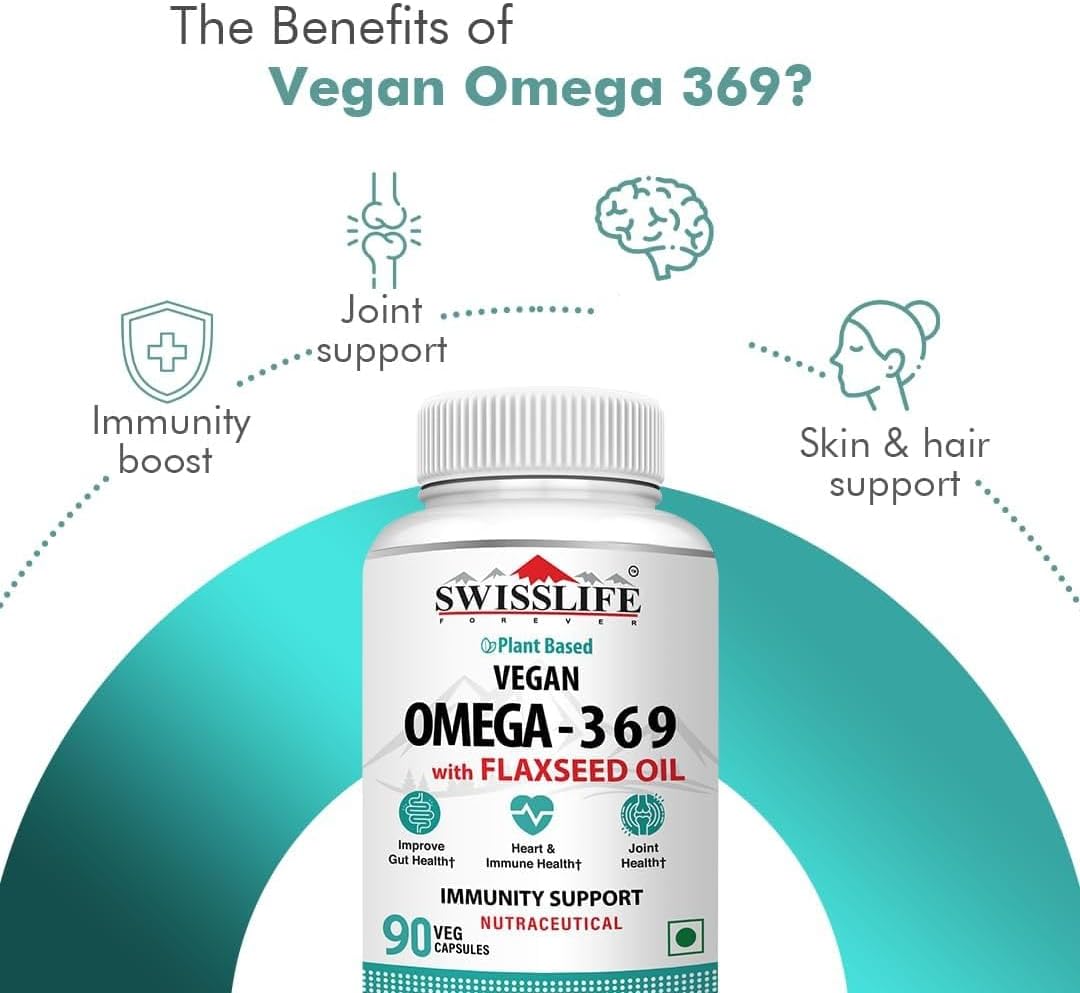 Vegan Omega 3 6 9 Supplement with Flaxseed, Borage, Olive Oils - Heart, Skin, Hair, Joint Support - 90 Capsules