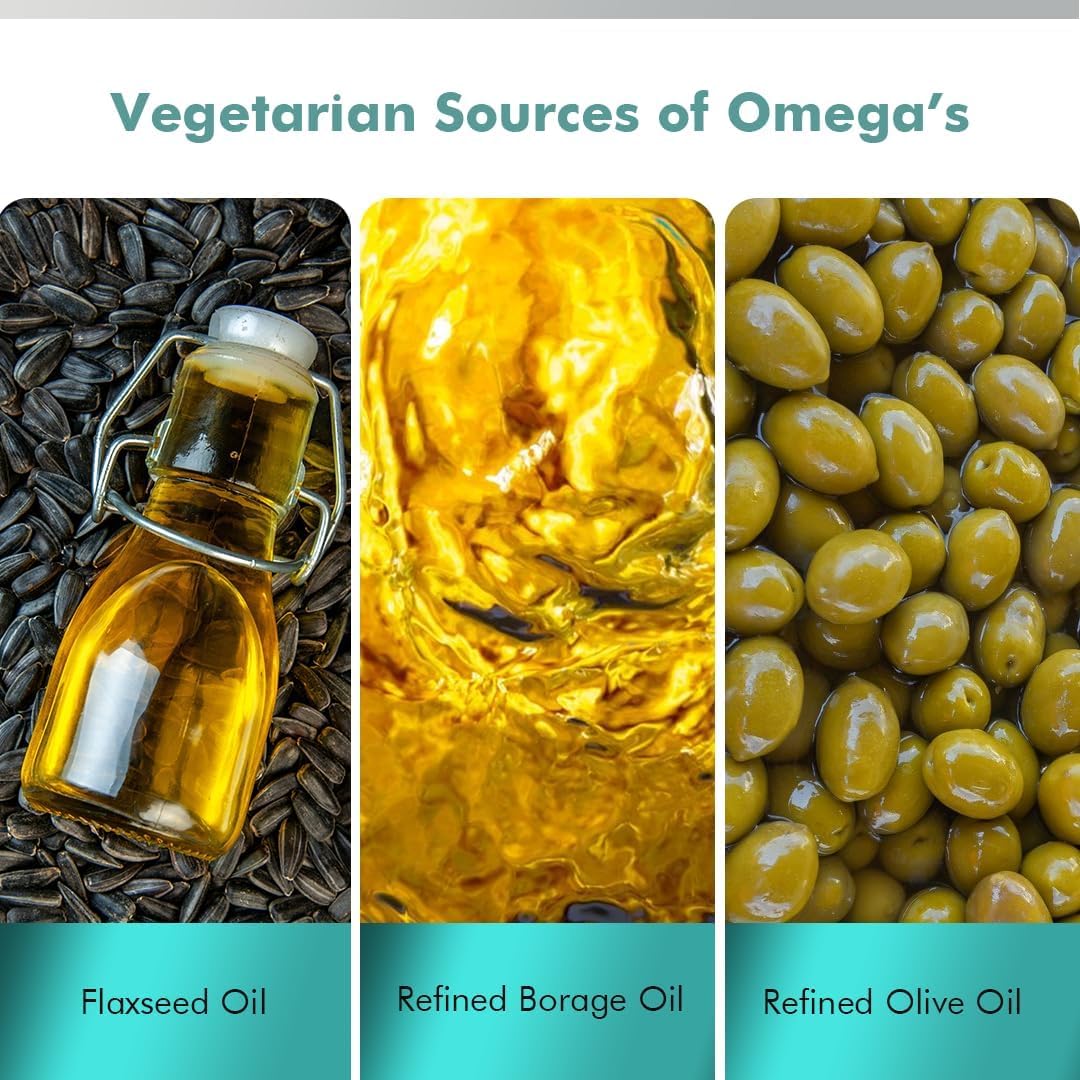 Vegan Omega 3 6 9 Supplement with Flaxseed, Borage, Olive Oils - Heart, Skin, Hair, Joint Support - 90 Capsules