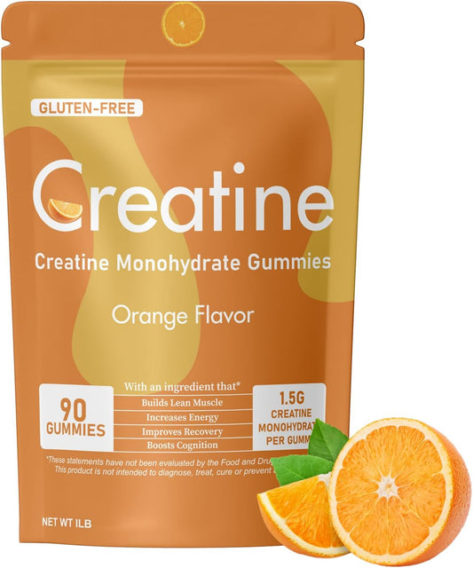 Vegan Orange Creatine Gummies for Energy, Focus & Endurance - Men & Women, Non-GMO, 90 Gummy Pack