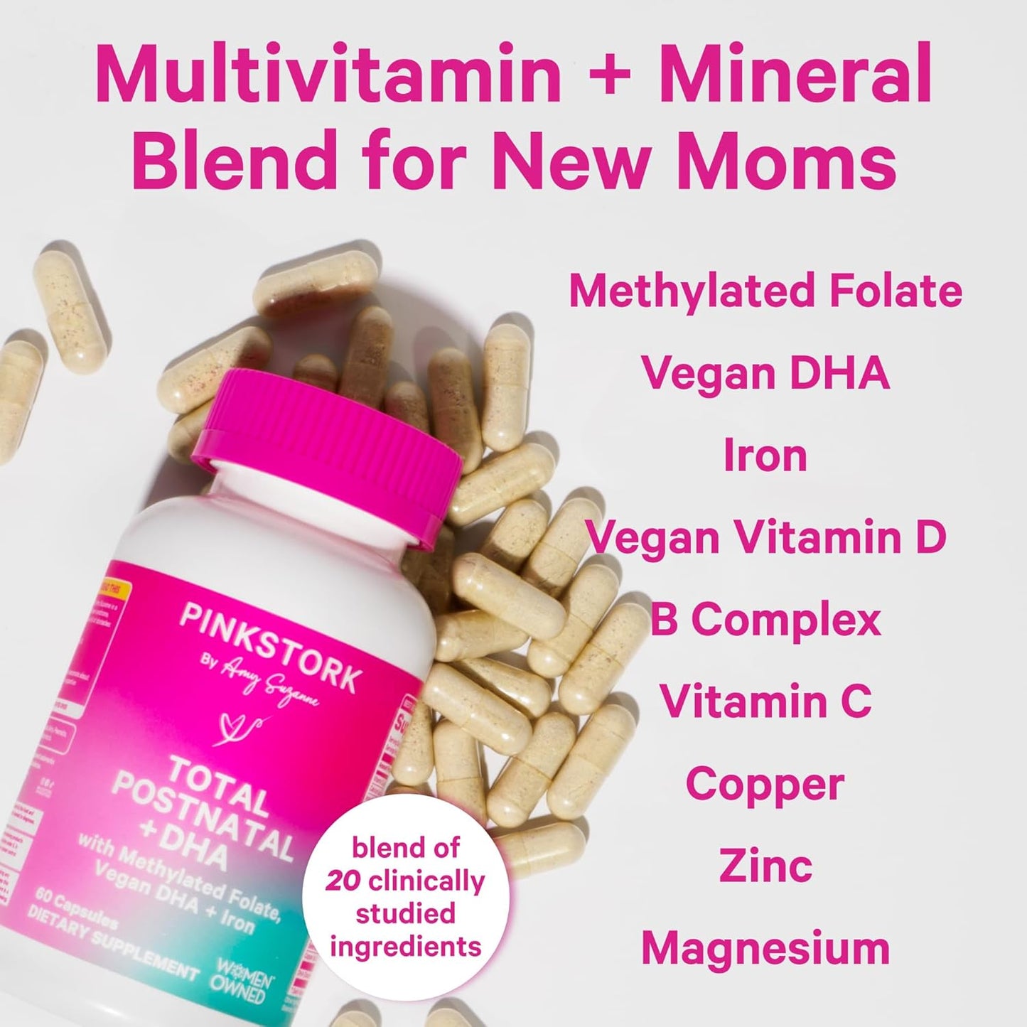 Vegan Postnatal Vitamins with DHA, Iron, Folate, and B12 - Postpartum Recovery for Breastfeeding Moms - 3 Month Supply
